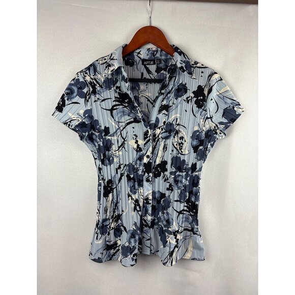APT. 9 Size Petite Medium Blue Floral Button-Up Short Sleeve Blouse - Picture 1 of 6